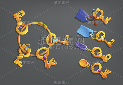 配有小饰品的金色卡通钥匙。矢量插图。