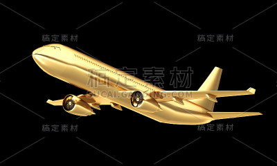 金色飞机孤立在黑色背景。3 d渲染。