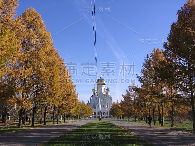 金色圆顶的Belaya Tserkva东正教教堂，美丽的建筑，公园里的宗教大教堂，秋天的树木