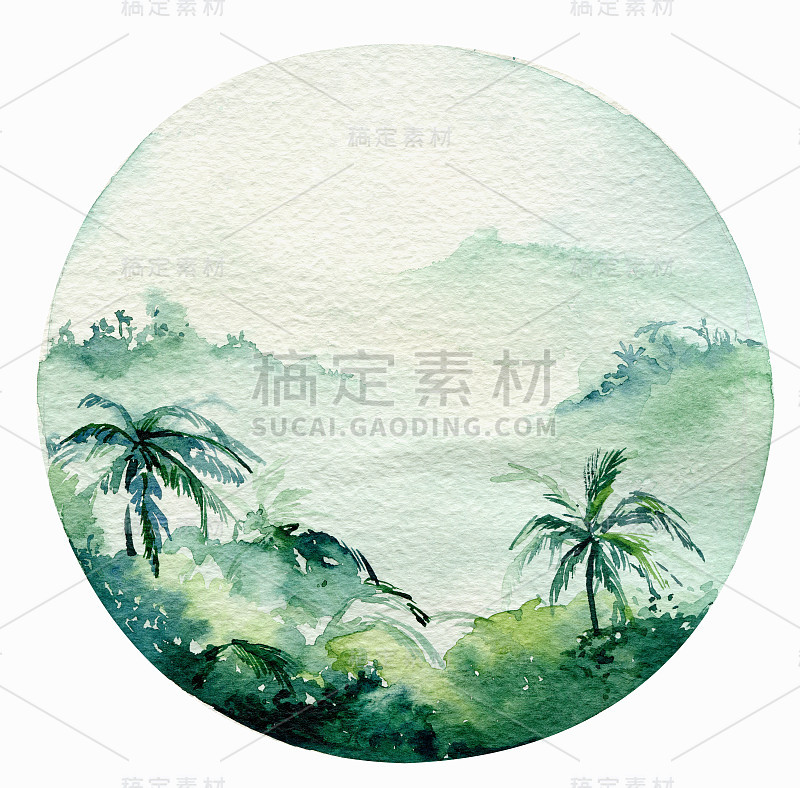 水彩海洋冲浪海滩，冒险，自行车和摩托车，有趣的假日活动，热带旅游插图。岛上的夏天，复古汽车和冲浪板。