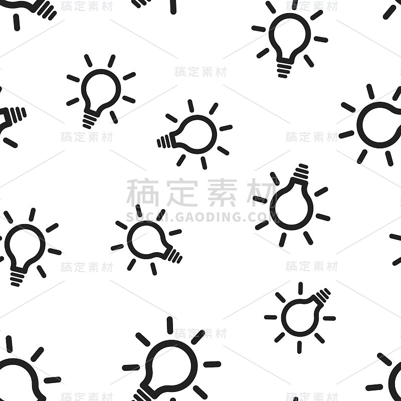 灯泡、电灯无缝图案背景。商业平面矢量插图。观念符号，解决方案，思维符号符号图案。