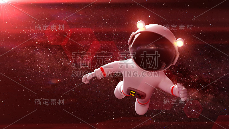 3d卡通宇航员角色与太空服漂浮在由一颗红星照亮的空空间(3d渲染)