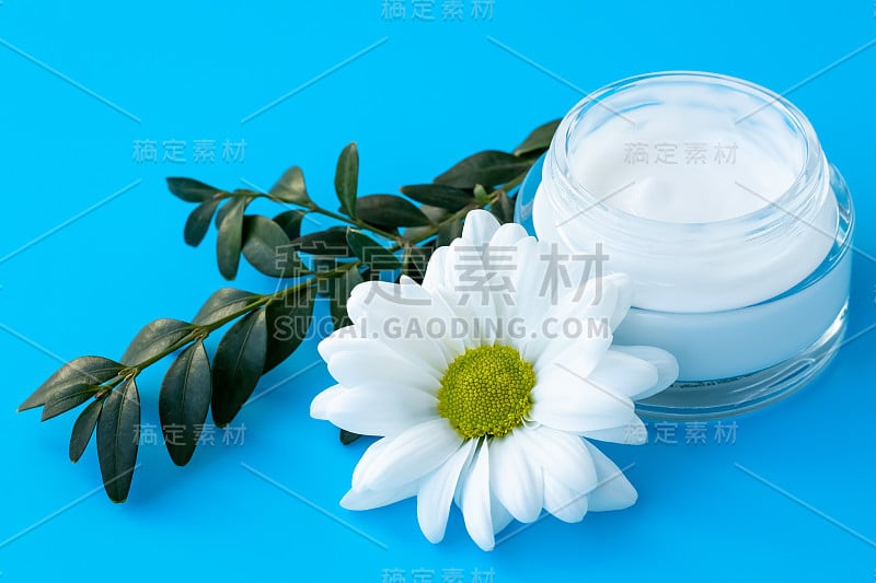 玻璃瓶中的面霜，蓝色背景上有白色雏菊花。草本天然化妆品，护肤理念。洋甘菊花开绿枝。