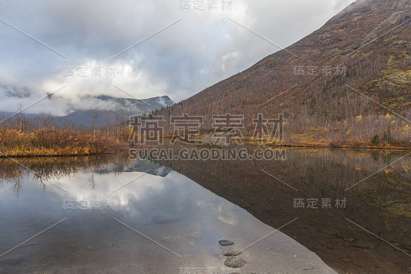 俄罗斯科拉半岛，苔原，美丽的湖泊，五彩缤纷的秋景。有选择性的重点