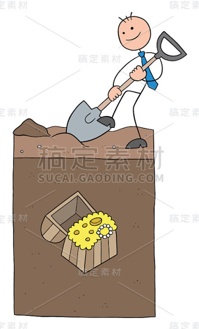 商人人物斯蒂克曼挖掘土地和土壤下的大宝藏，矢量卡通插图
