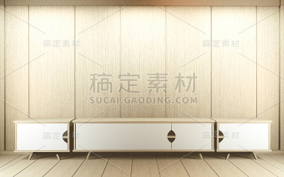 电视柜在现代房间，禅意空白，日式产品，用于编辑。三维渲染