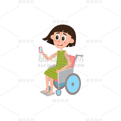 年轻女子坐在轮椅上，拿着电话