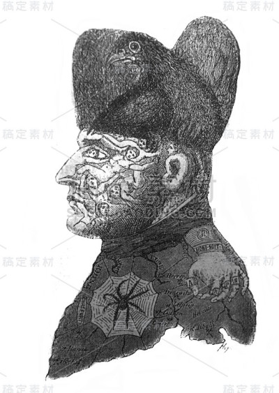 德国对拿破仑的讽刺画。他的脸是皮尔写于1893年的旧书《拿破仑一世的历史》中俄国和撒克逊战役中的牺牲