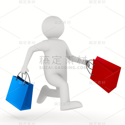 穿着白色购物袋的男人。孤立的三维图像