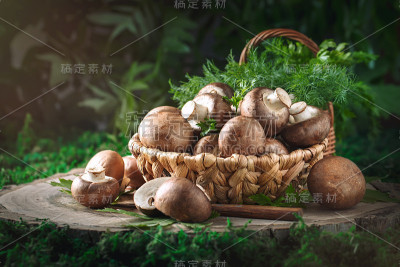 一个篮子里的棕色蘑菇放在树桩上