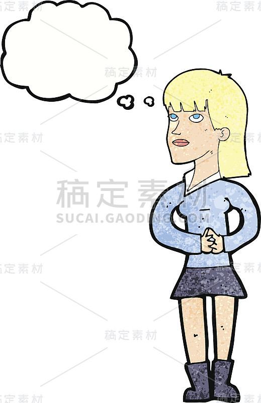 卡通女人用思想泡等着