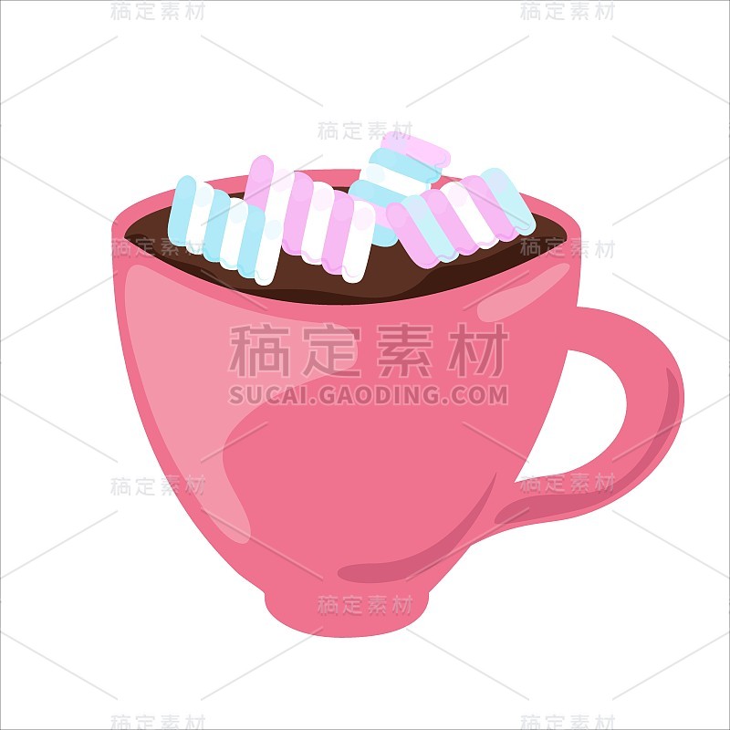 一杯热巧克力的棉花糖。可可饮料与糖果孤立在白色背景。矢量图