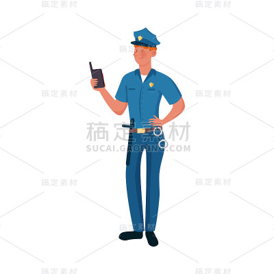 身穿蓝色制服的警察拿着对讲机站着。矢量插图孤立在白色背景