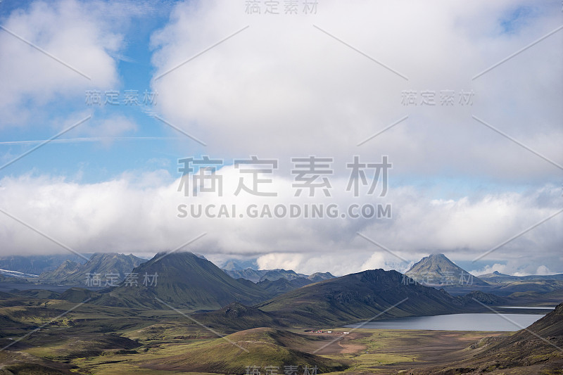 View mountain valley with green hills, river strea