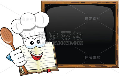 厨书吉祥物木勺呈现空白黑板孤立