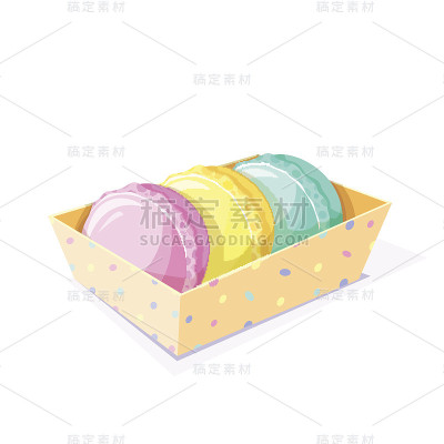 盒子里有三个蛋白杏仁饼，矢量图
