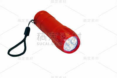 便携式LED手电筒红色隔离在白色背景。特写镜头。
