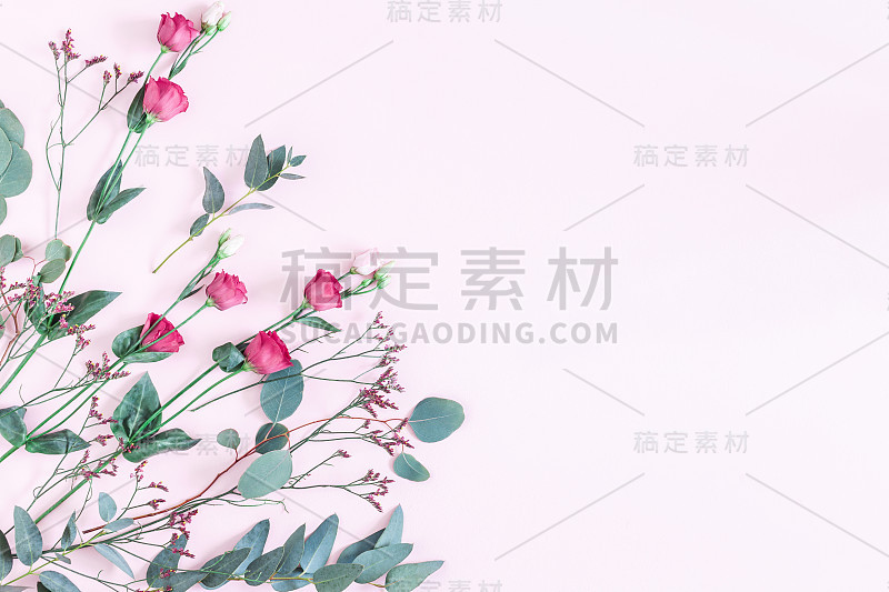粉红色的花和桉树枝。平躺，俯视图