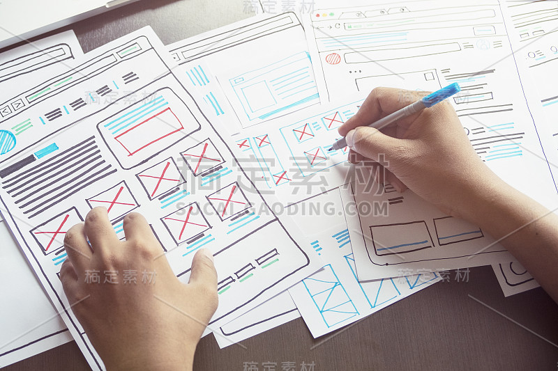 网站设计师创意规划应用开发者开发草图草图模板布局原型框架线框设计工作室。用户体验概念。