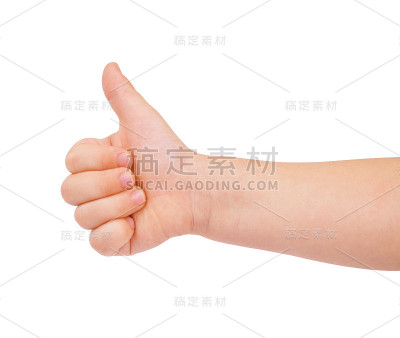 孩子的手显示一个标志类，孤立在白色的背景