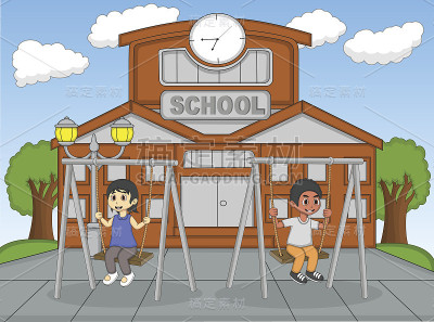 孩子们在学校卡通前玩秋千