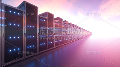 在蓝天背景上的网络服务器机器农场云计算硬件的三维插图
