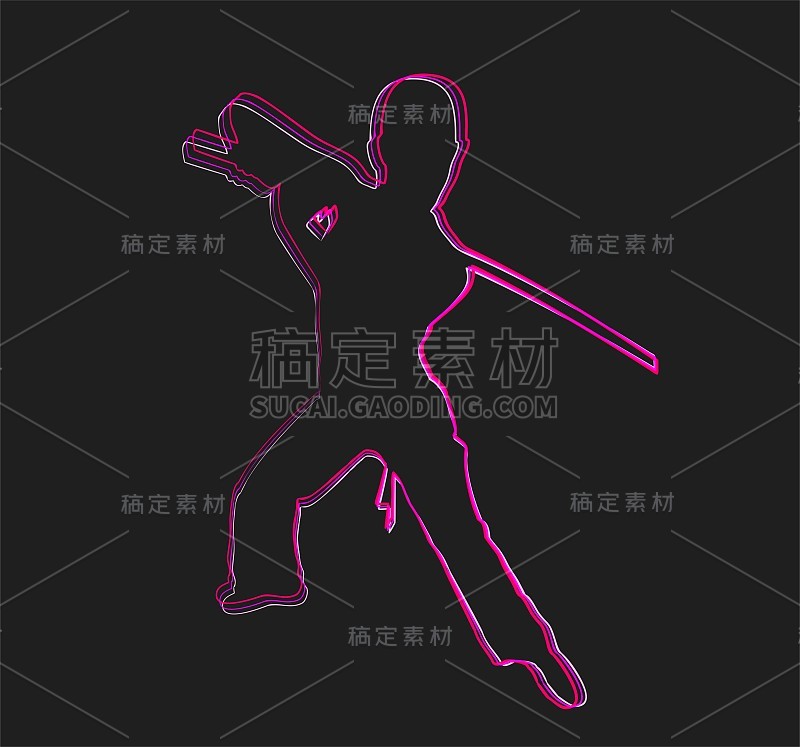 抽象轮廓剪影，女子与武士刀姿势