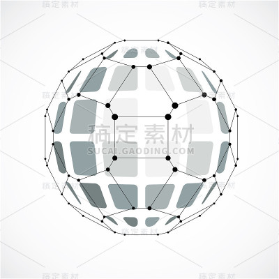 3d矢量数字线框球形物体使用facet。几何多边形灰色球创建的线网格和五边形。低聚形状，网格形式，用