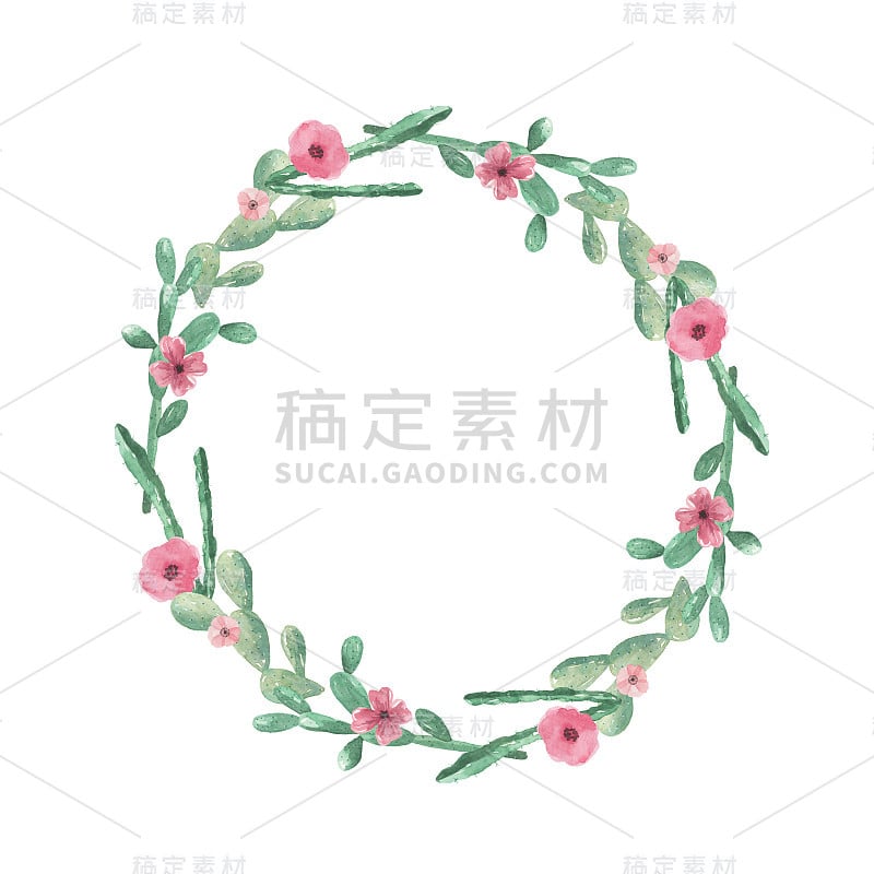 仙人掌水彩花环仙人掌花绿色花环