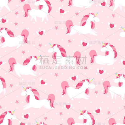 神奇独角兽无缝图案。现代童话无尽的纹理，神奇重复的背景。可爱的宝宝背景。矢量图