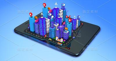 卡通等距3D智慧城市概念。未来生活在智能平板电脑上。