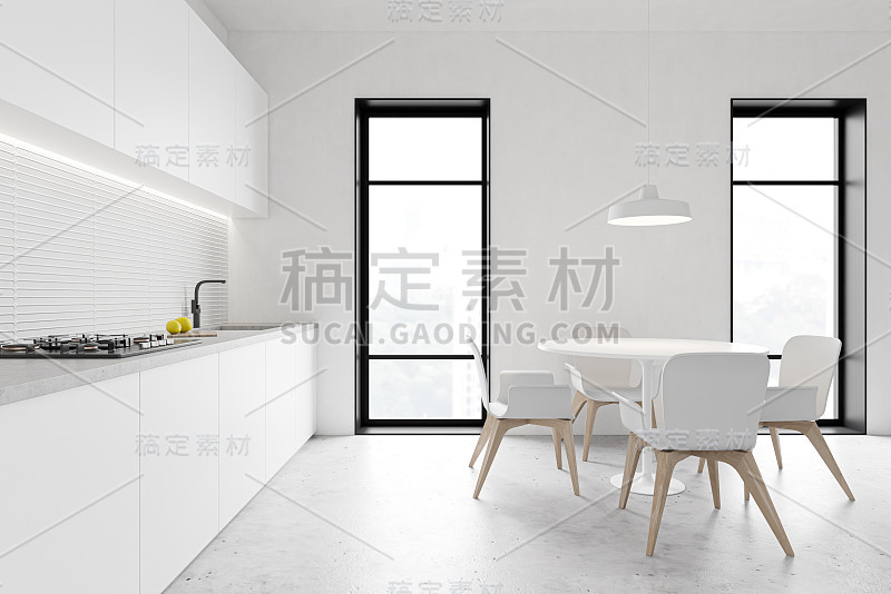 阁楼白色厨房与圆桌