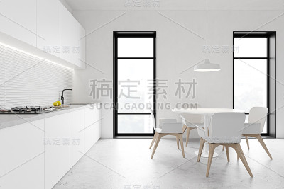 阁楼白色厨房与圆桌