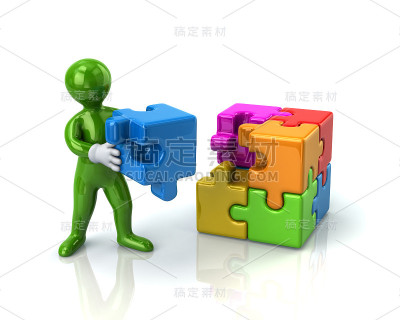 绿色的人和彩色的3d拼图立方体