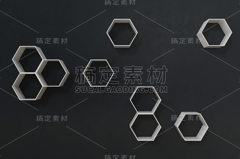 空的深色或黑色墙壁上有六边形的架子，3D渲染