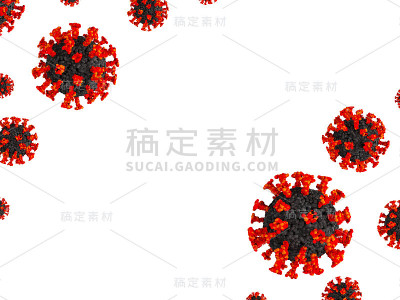 冠状病毒covid - 19细胞，病毒疾病3d渲染，白色背景，拷贝空间用于横幅，传单，海报和小册子等