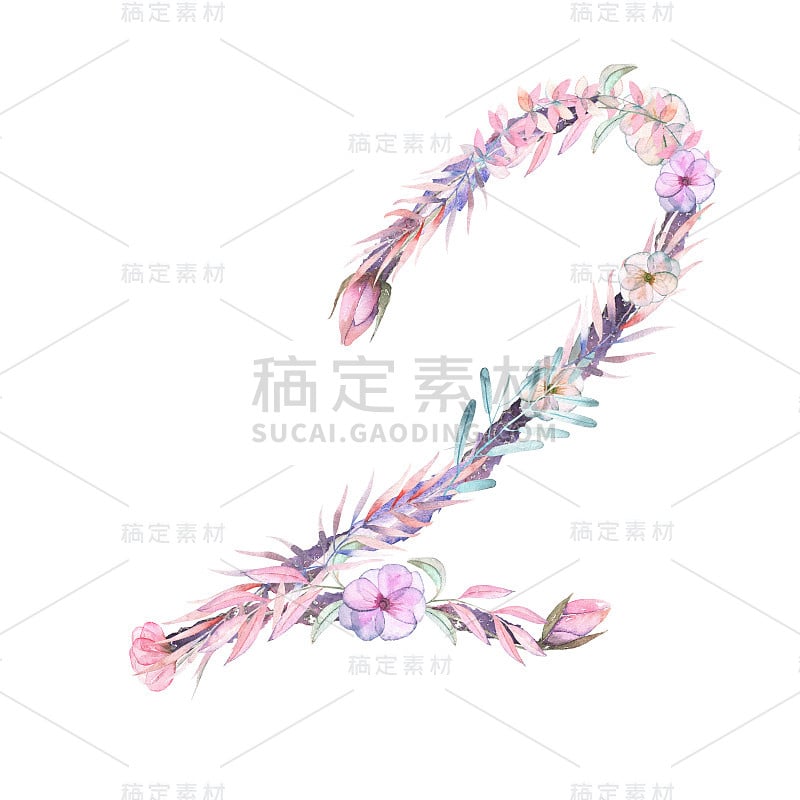 数字“2”的水彩粉色和紫色的花，孤立手绘在白色的背景，婚礼设计，节日和婚礼装饰和卡片