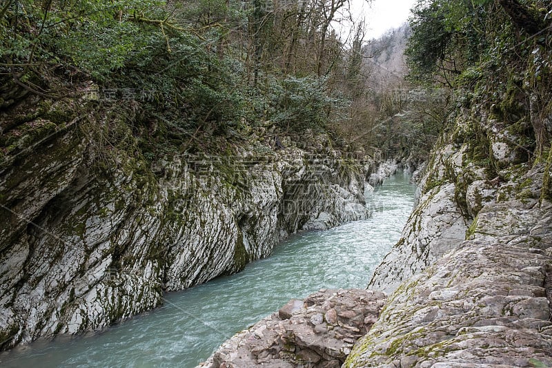 魔鬼的门峡谷。山区河流Khosta。俄罗斯高加索生物圈保护区的紫杉和黄杨树林。