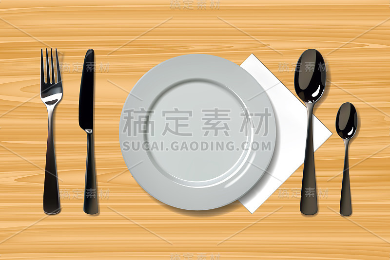 Empty realistic plate with spoon, knife and fork o