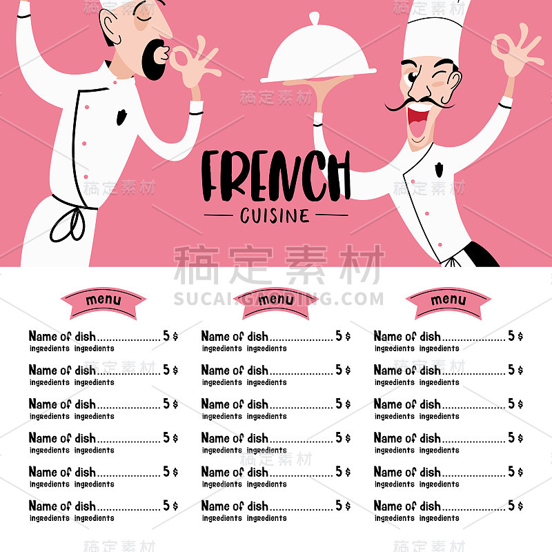 Chef French kitchen. Vector illustration of menu t