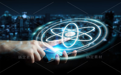 商人在模糊的背景使用现代分子结构3D渲染