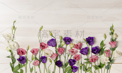彩色的口气孔花在白色的木质背景上