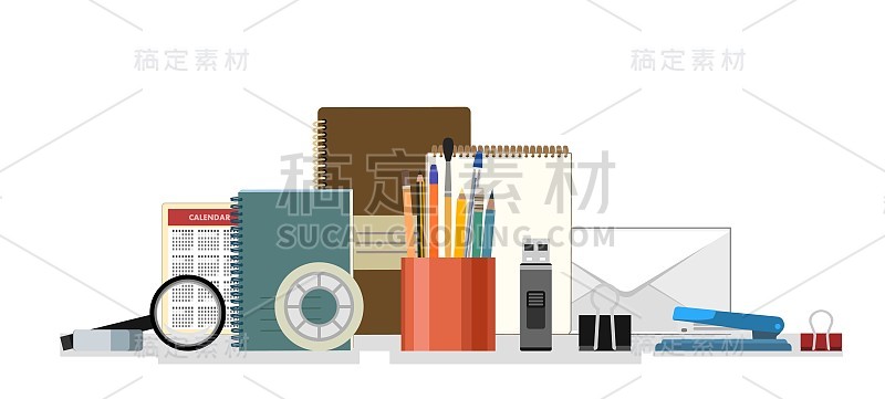 文具。办公用品，学校用品和创意用品。在白色背景上孤立的物体。向量