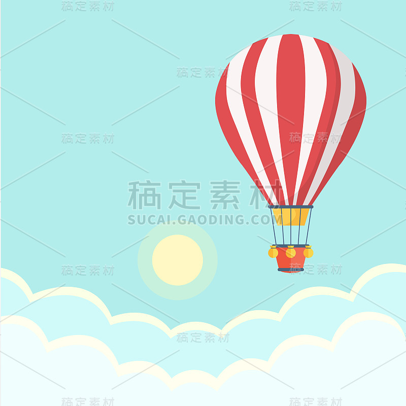 热气球在天空中飘着云彩。平面动画设计。矢量艺术插图