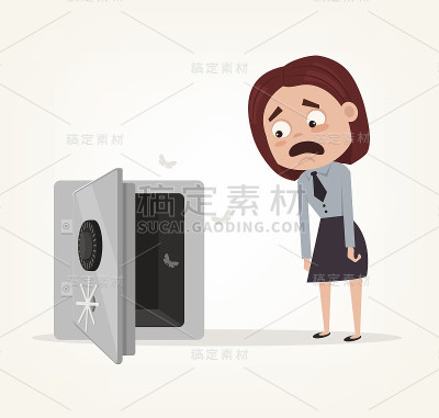 伤心震惊的富商女性格站在靠近打开门的保险箱的空盒子。没有钱