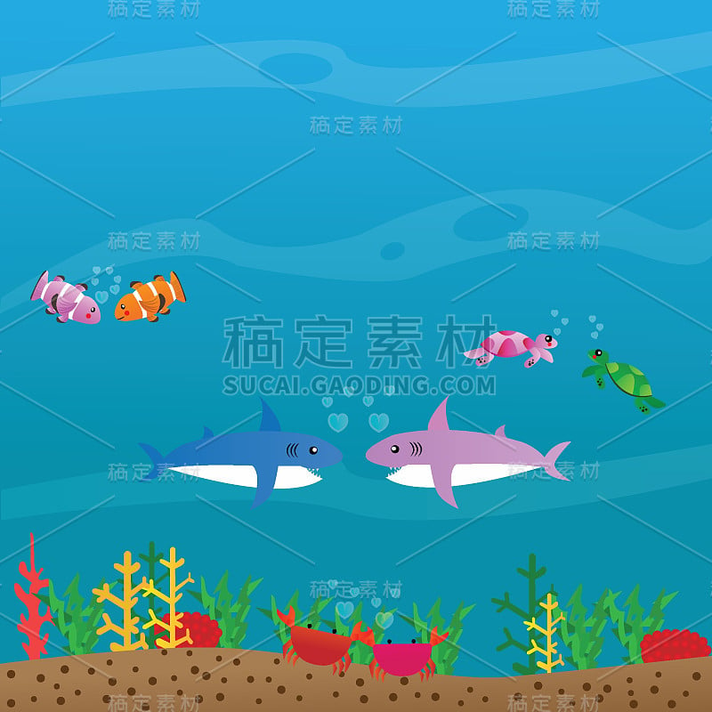 海洋生物作为情侣一起生活，水下与海洋水生动物，插图