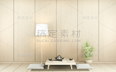 空的极简现代禅宗客厅，木地板和装饰日式风格。三维渲染