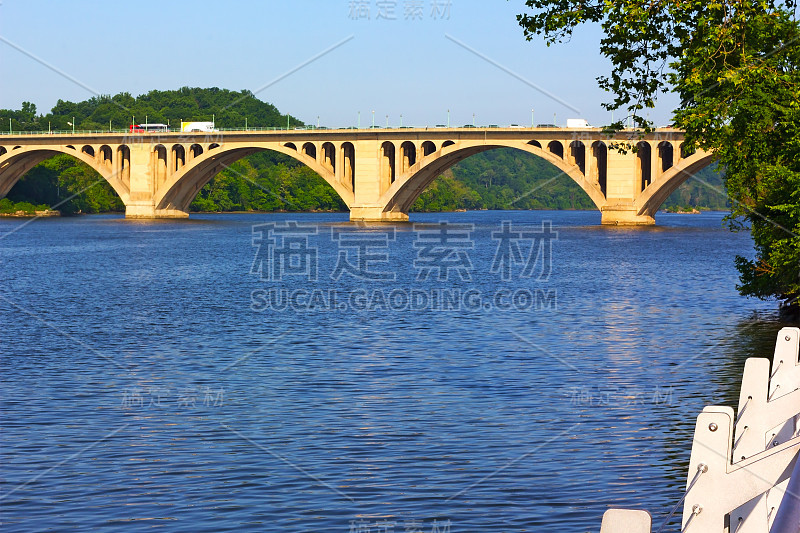 Key Bridge和Potomac River景色。