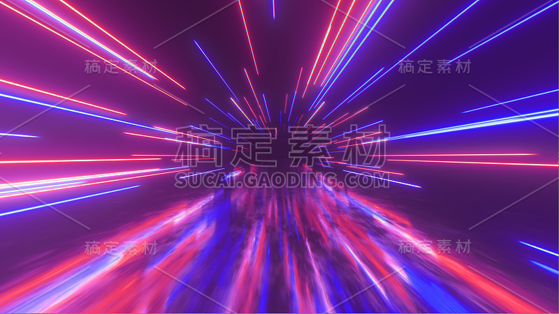 带着发光的霓虹线在太空飞行。多维空间。现代紫外光谱。蓝色紫色。三维演示