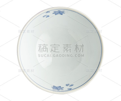 白色陶瓷碗与蓝色樱花图案，空碗孤立在白色背景与剪切路径，俯视图